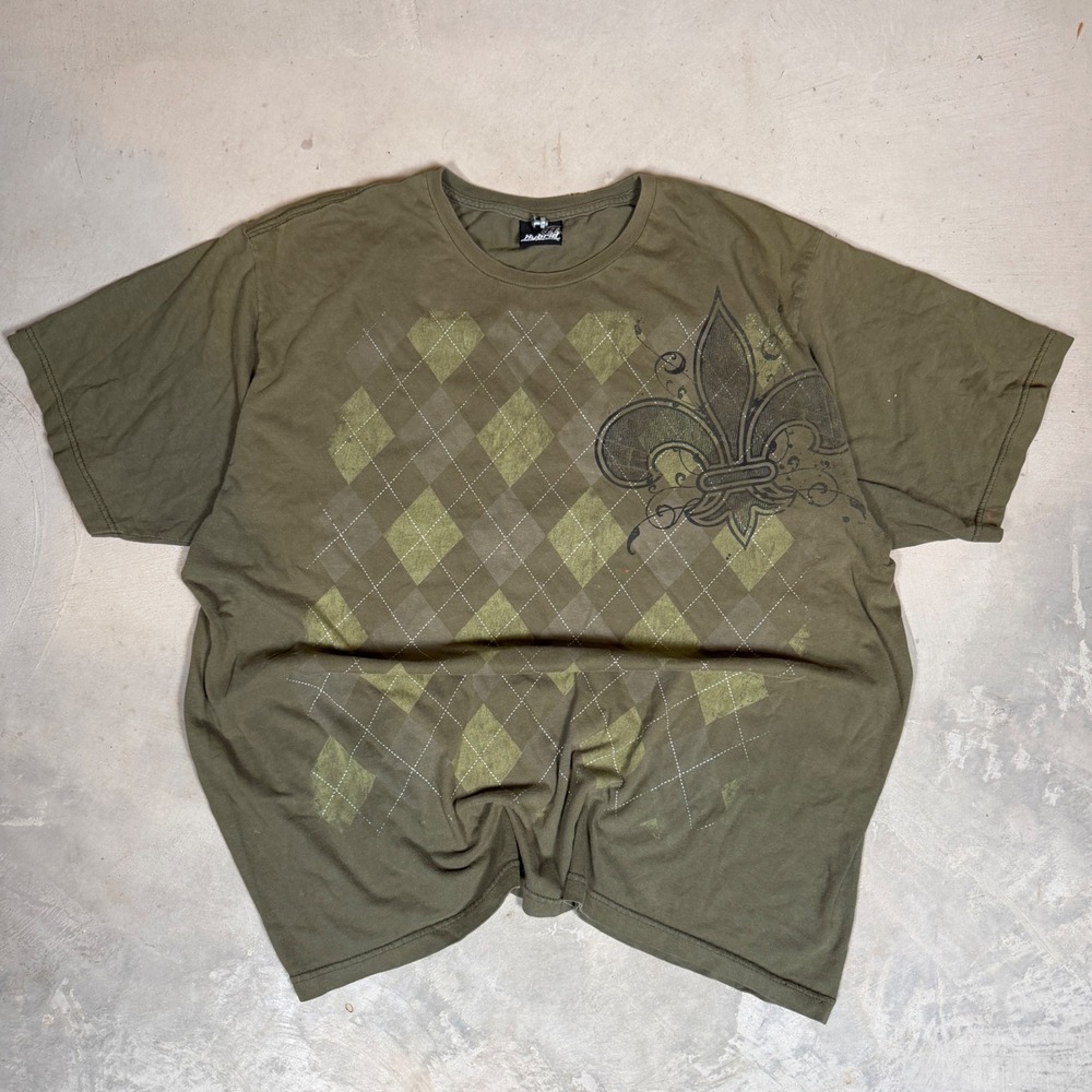 Hybrid Tees Mens 2XL Olive Green Fleur De Lis Argyle Graphic T-Shirt Cotton